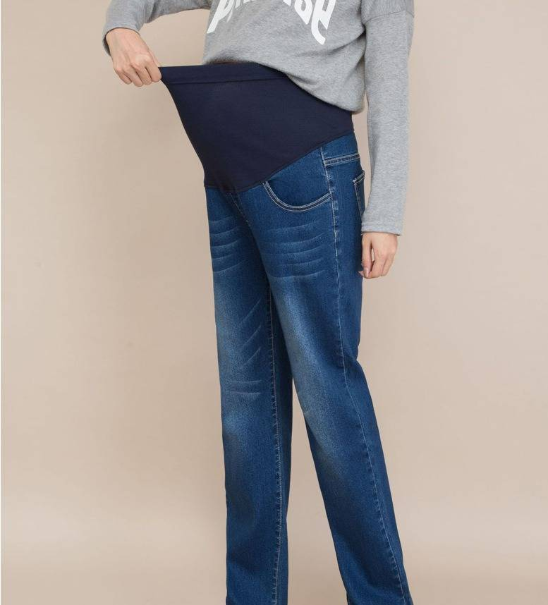 Jean de grossesse à jambes droites - Pantalon en coton stretch pour femme enceinte (Bleu classique, M-XXL)_voghion.com