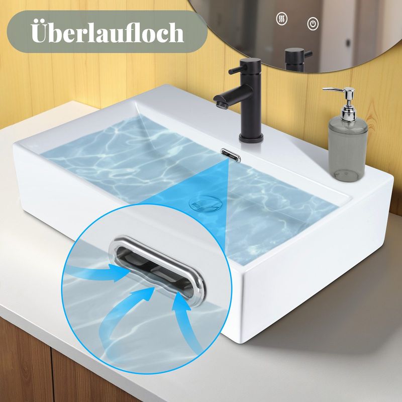 Glitzerlife Waschbecken Badezimmer Keramik - Eckig Aufsatzbecken Bad Klein Waschschale Weiß Mit Hahnloch Wandmontage Aufsatz Mit Überlauf 60x42x15cm Für Gäste-WC_voghion.com