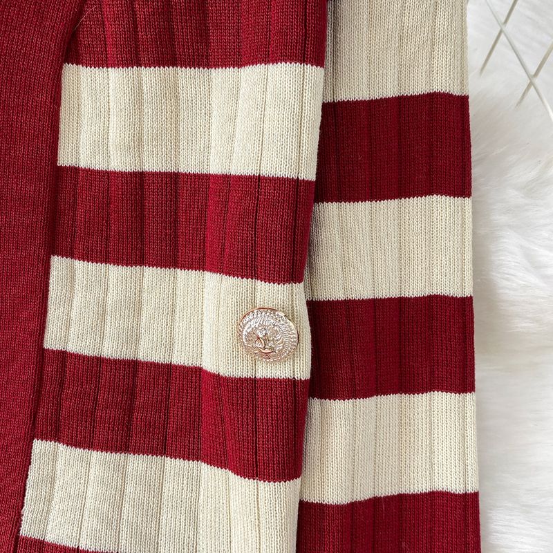 Abito da donna alla moda, con scollo a V, a maniche lunghe, in maglia, con giacca corta, a righe, snellente, con bretelle_voghion.com
