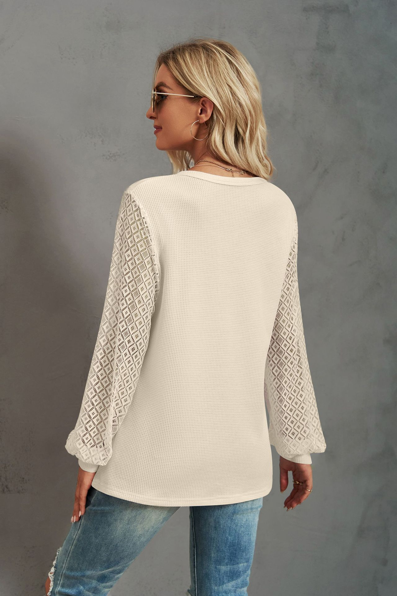 Women's Clothing Casual Waffle Grace Panel Long Sleeve Button T-shirt Top_voghion.com