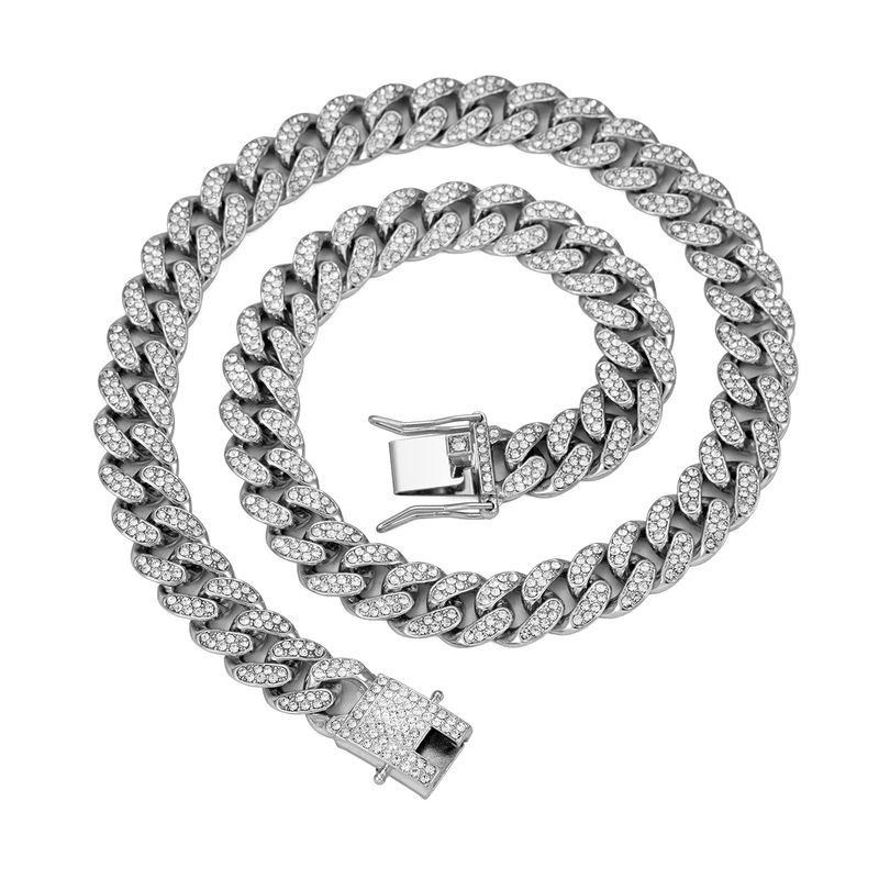 Surface Curved Polished Base 13mm Classic Cuban Chain Inlaid Diamond Alloy Hip-Hop American Style Men's Jewelry_voghion.com