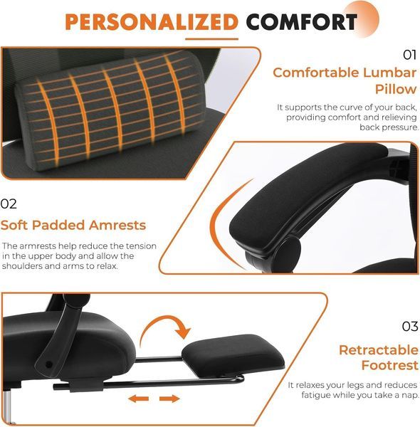 Office Computer Desk Chair With Footrest,Ergonomic High-Back Mesh Rolling Work Swivel Chairs With Wheels,Comfortable Lumbar Support,Comfy Arms For H_voghion.com