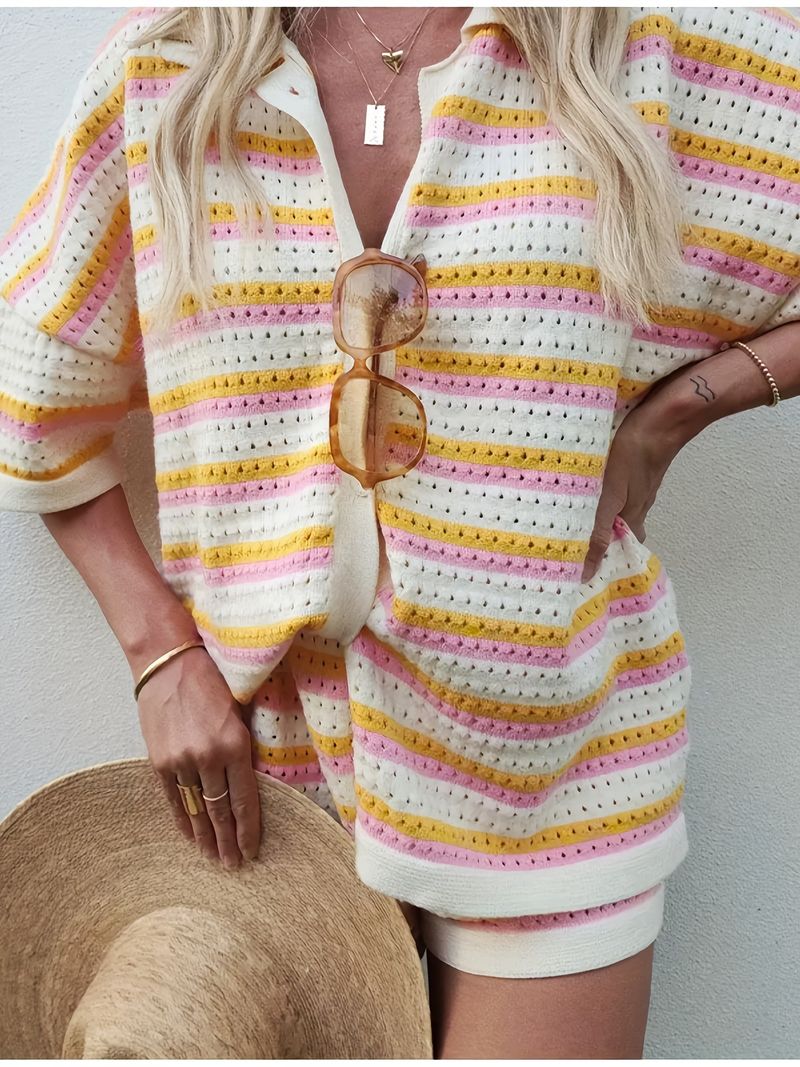 25 Spring And Summer New Women's Clothing Woolen Color Matching Lapel Striped Short Sleeve Shorts Set Garment_voghion.com