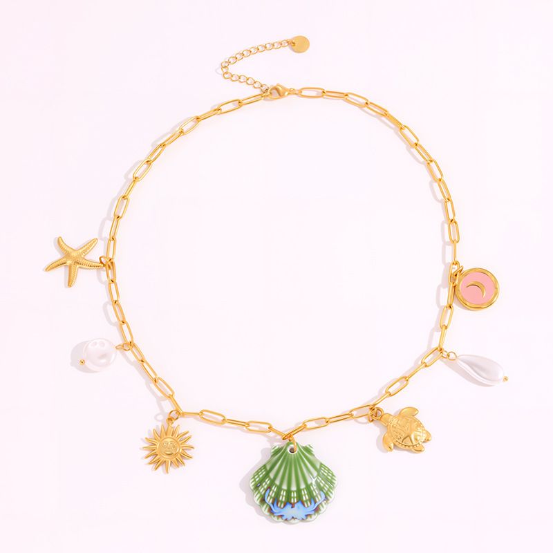 Necklace Women Golden Pendant Necklace Fashion Beach Style Turtle Conch Accessories For Women, Light Luxury High-End Feel, Non-Fading Titanium Steel_voghion.com