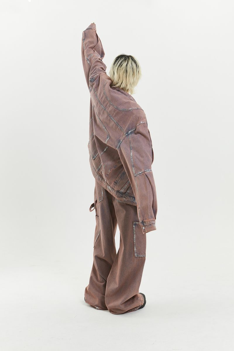 Giacca e pantaloni in denim lavato con schizzi di inchiostro, design hip-hop americano, primavera-autunno 2024, per donna_voghion.com