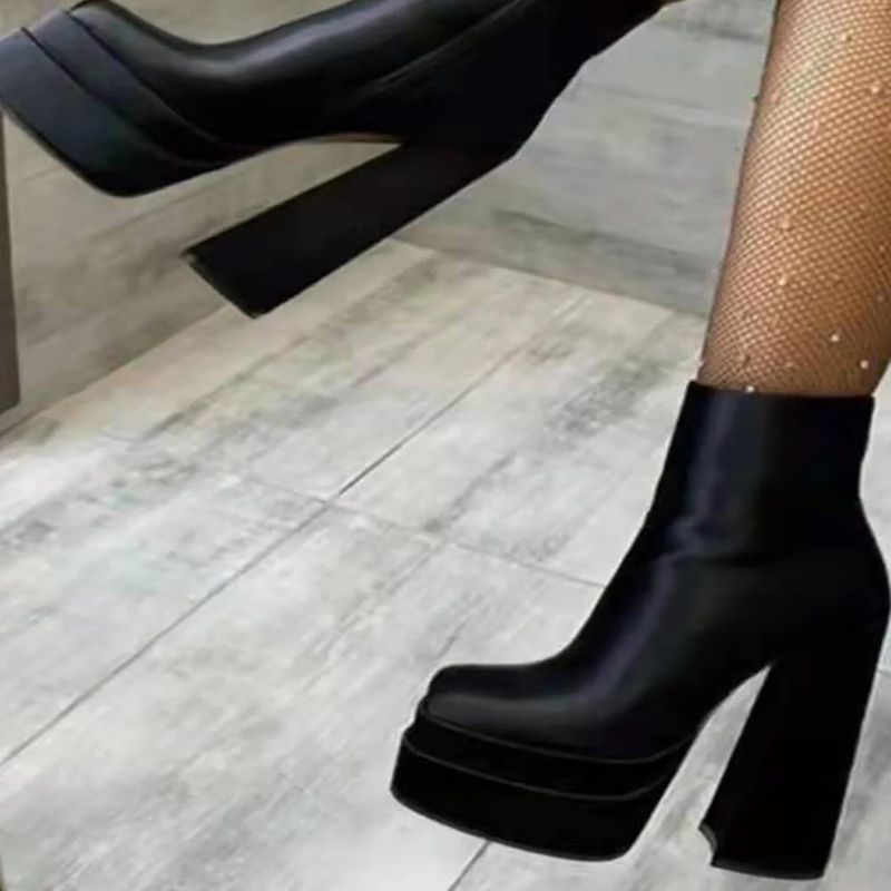 Sexy women's short boots Square head double waterproof platform high chunky heel side zip women's fashion show boots_voghion.com