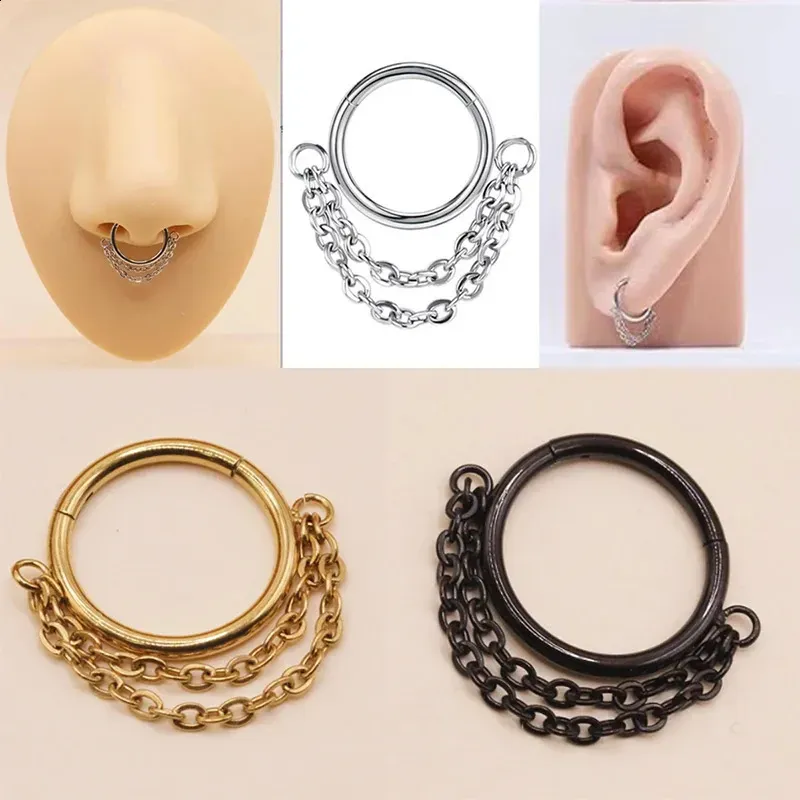 Anelli per il naso con cerniera in acciaio inossidabile 316L, orecchini per cartilagine del setto nasale da 16 g, con catena, piercing per elica e lobo._voghion.com
