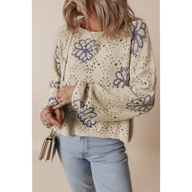 2025 Winter New Floral Print Short Fashionable And Unique Hollow Out Drop Shoulder Knitted Sweater For Women_voghion.com