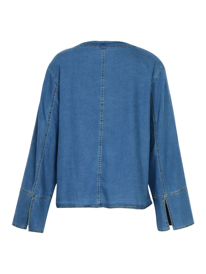 Damenbekleidung Damen-Jeanshemd im neuen Stil mit Schnürung, vielseitige, langärmelige Tasche, gewaschene Jeanshemdjacke_voghion.com