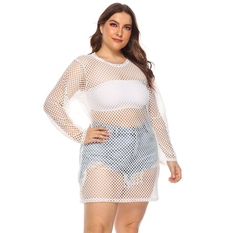 Plus size women's hollow see-through beach bikini blouse mesh dress_voghion.com