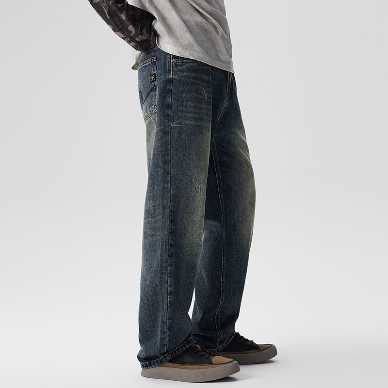Jeans elasticizzati CLEANFIT da uomo, larghi e dritti, modello Harlan, alla moda, lunghi, a vita media, stile retrò americano, lavato, possono contenere fino a otto barili, Xiansen K11_voghion.com