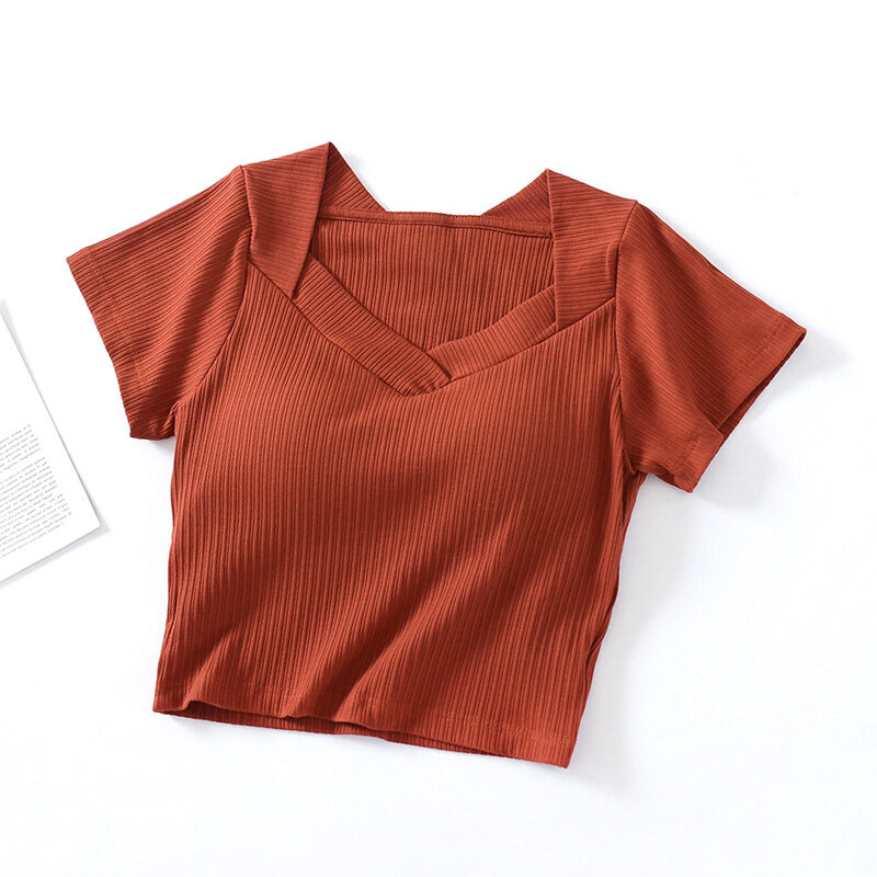 SUPERFLOWER T-shirt tendance pour femme avec coussinets de poitrine, col en V, manches courtes, hauts courts respirants_voghion.com