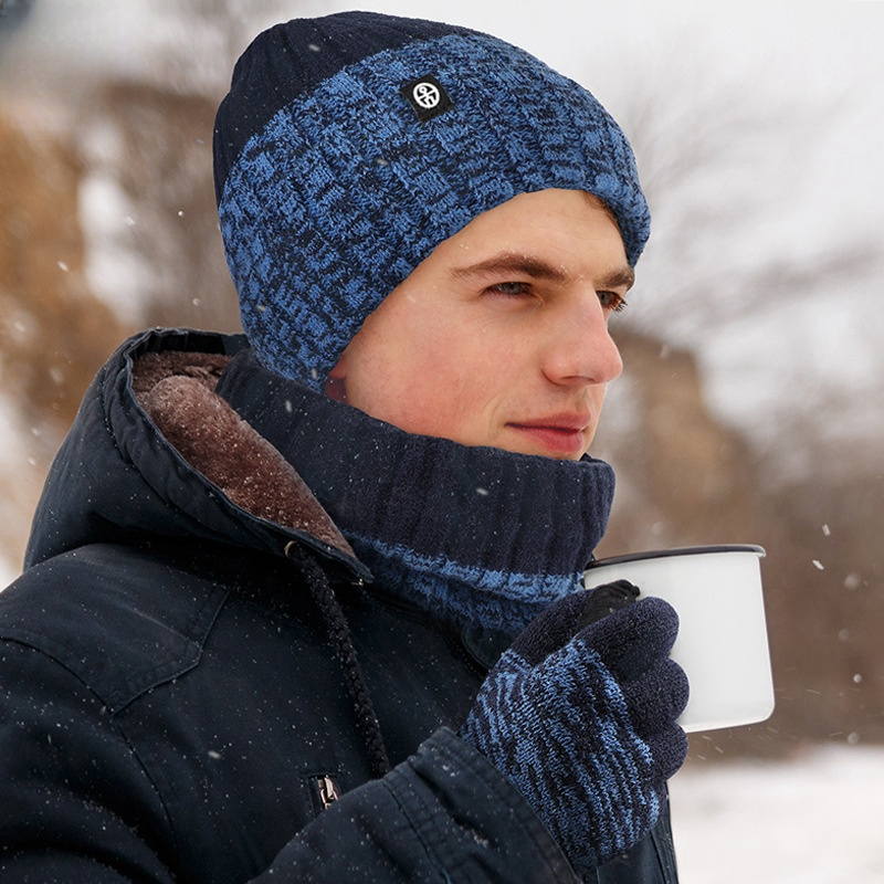 Cappello e sciarpa caldi in maglia invernale da esterno, colore sfumato, set da tre pezzi a contrasto_voghion.com