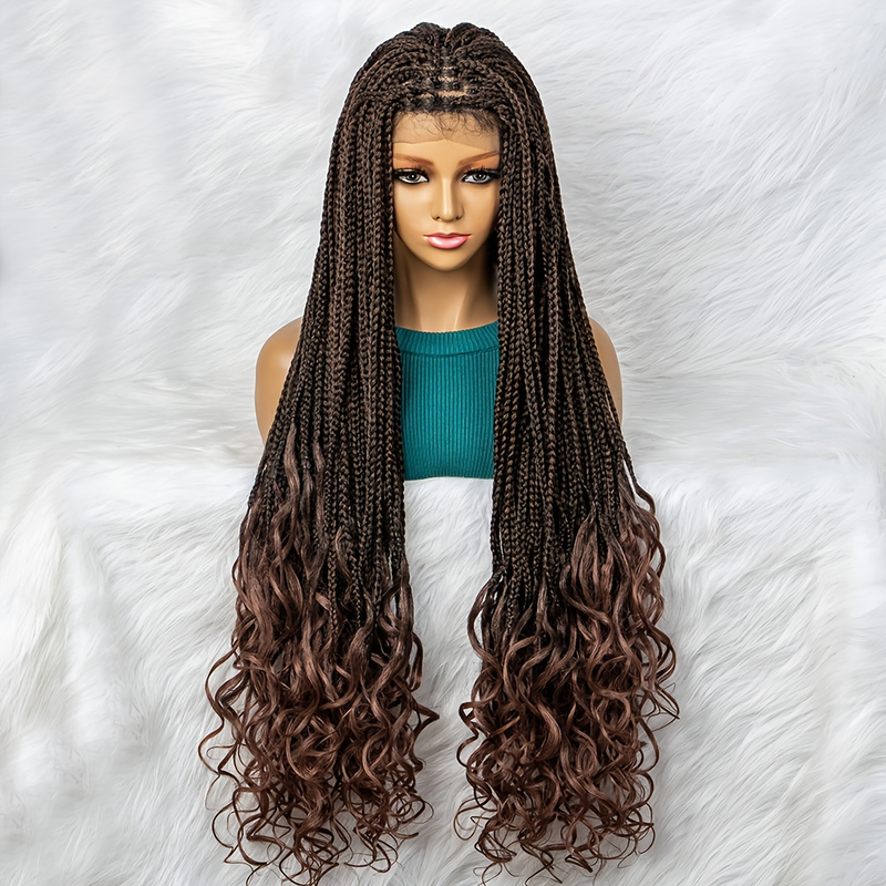 Braid Wig Small Braids With Curly Ends Long Afro Curly Wig Synthetic Wig Beginners Friendly Heat Resistant 13*3 Lace Wig 200% Density_voghion.com