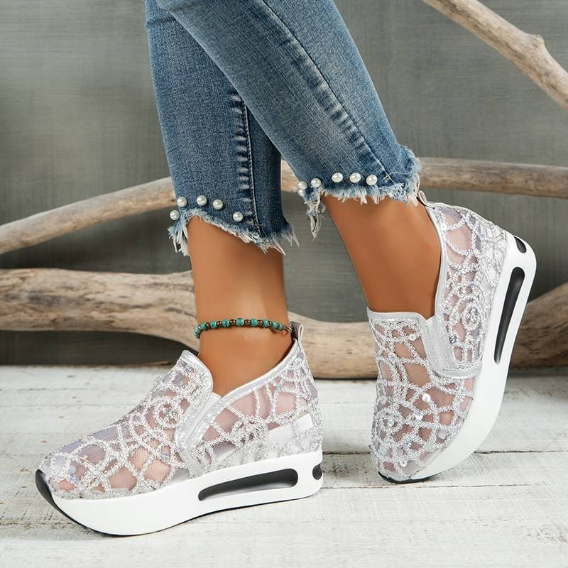 Zapatos blancos de verano nuevos de talla grande para mujer, zapatos de mujer de moda con suela gruesa y malla transpirable que realzan la parte superior_voghion.com