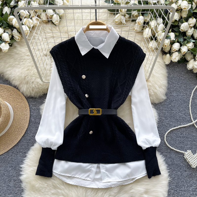 Damenbekleidung Weste Damen Herbst Zweiteiler Modischer und vielseitiger ärmelloser gedrehter Strickweste mit langärmligem Hemd innen_voghion.com