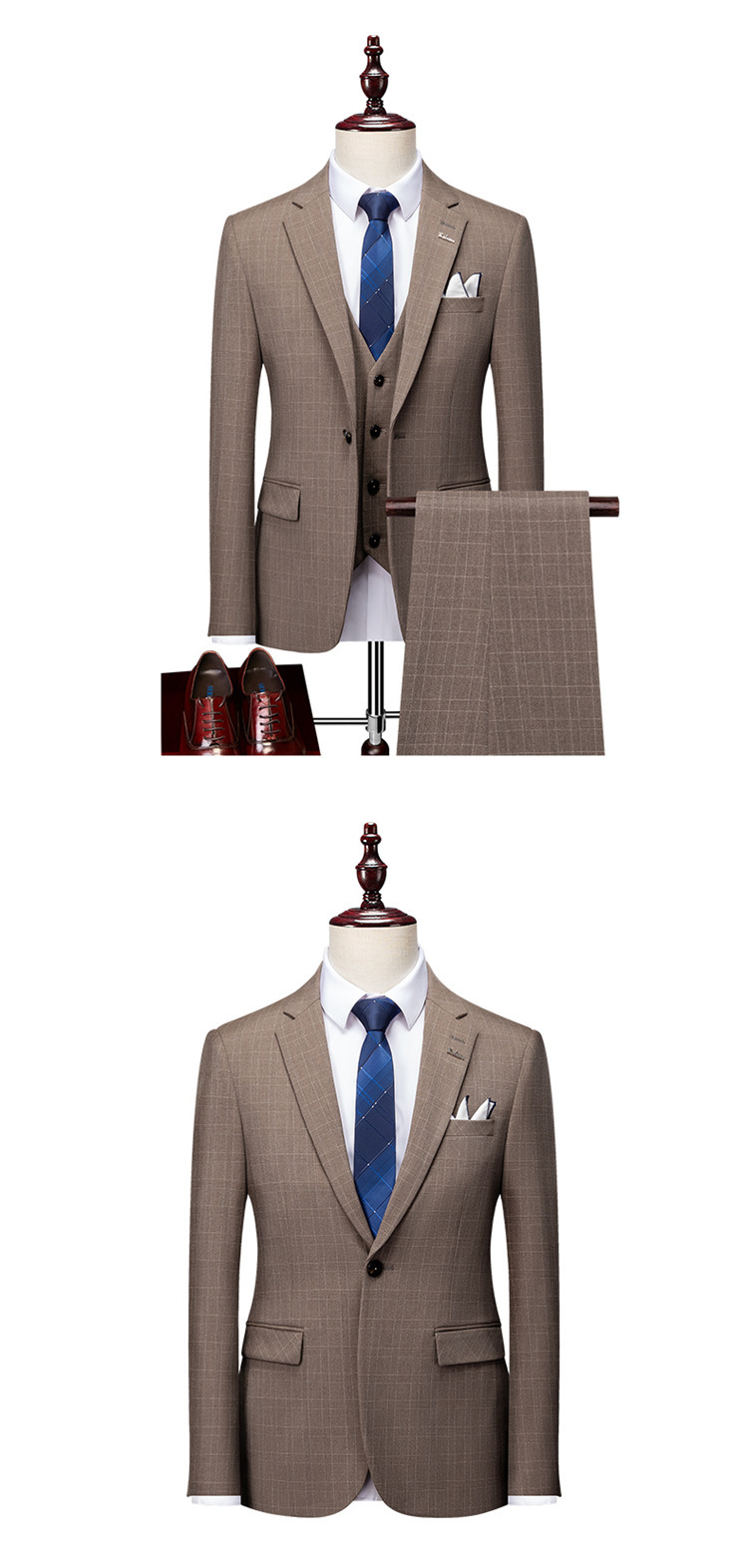 Terno masculino xadrez slim fit de 3 peças - Conjunto de blazer, colete e calça para banquete de negócios e casamento (azul-marinho/cinza/preto)_voghion.com