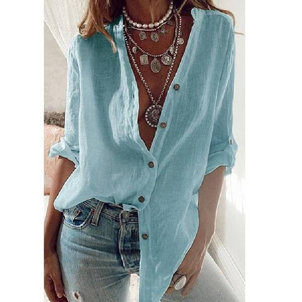 S-5XL Women Loose Blouse Shirts Oversized Female V Neck Long Sleeve Button Beach Sand Holiday Baggy Blouse Tops_voghion.com