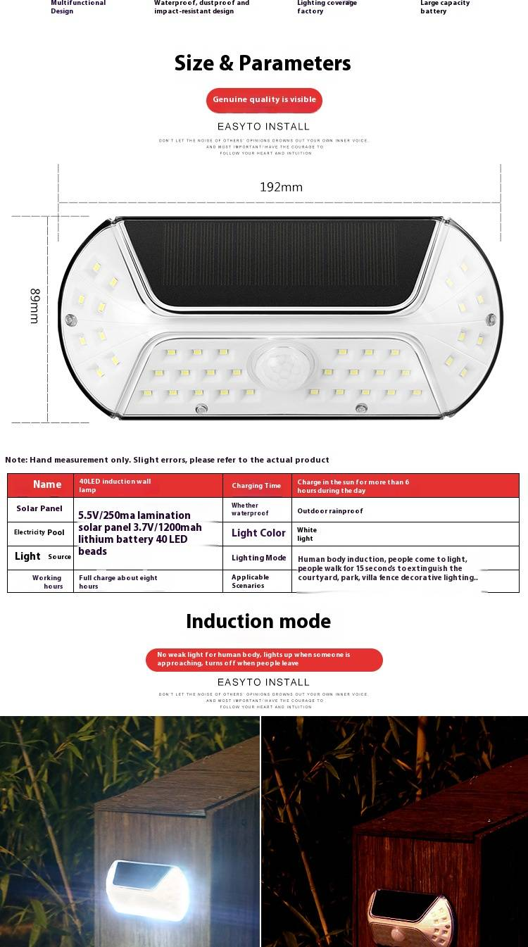 40 LED-wandlampen op zonne-energie met bewegingssensor, waterdichte buitenverlichting voor tuin, terras en pad - energiezuinig en automatisch aan/uit_voghion.com