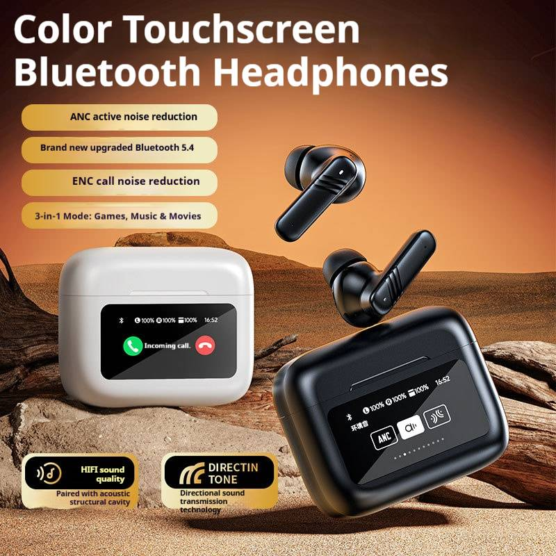 Auricolari Bluetooth con doppia cancellazione del rumore ANC+ENC e touch screen a colori, suono stereo Hi-Fi, 8 ore di riproduzione, impermeabilità IPX5, vestibilità sicura per l'allenamento_voghion.com