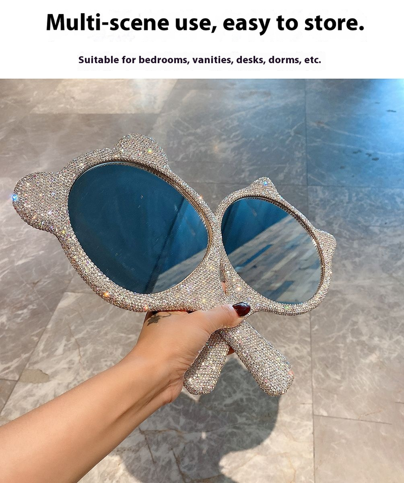 Hand-Schminkspiegel mit Katzenohren und Diamant-Akzenten – Niedlicher tragbarer Kosmetikspiegel für Frauen – Eleganter Kosmetikspiegel mit PU-Rahmen_voghion.com