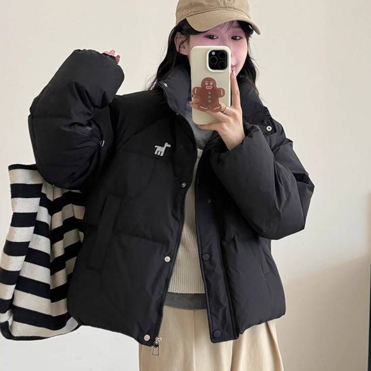Doudoune brodée pour femme – Manteau surdimensionné en duvet de canard style coréen avec col montant (noir/blanc/gris/taupe/rouge, taille unique)_voghion.com