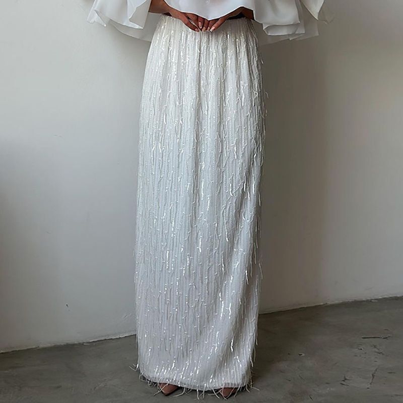 Gonna midi elegante con frange e paillettes per donna - Abito da sera scintillante a trapezio con perline scintillanti, perfetto per eventi serali e speciali_voghion.com