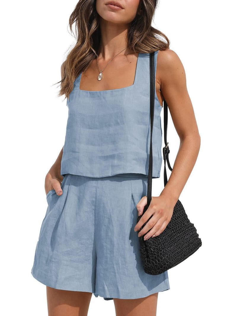 Nuovo set casual da donna 2024, composto da 2 pezzi, pantaloncini in lino, canotta senza maniche_voghion.com