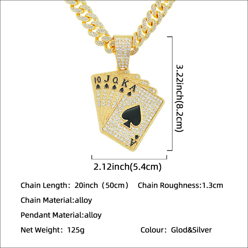 Colar com Pingente de Cartas de Baralho Hip Hop para Homens e Mulheres com Corrente Cubana de Cristal HipHop Iced Out Colares com Amuleto da Moda_voghion.com