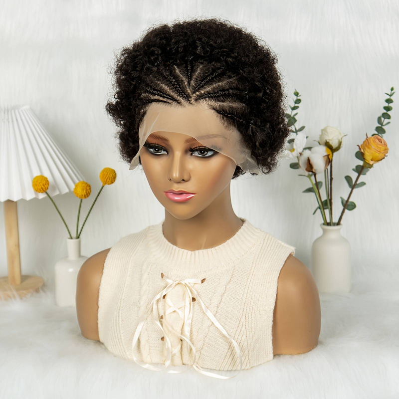 Marca MAKI, cabello humano 13*4, peluca de encaje, trenzas de cabello humano tejidas a mano + cabello afro esponjoso, 100% de cabello humano, diseño de moda_voghion.com