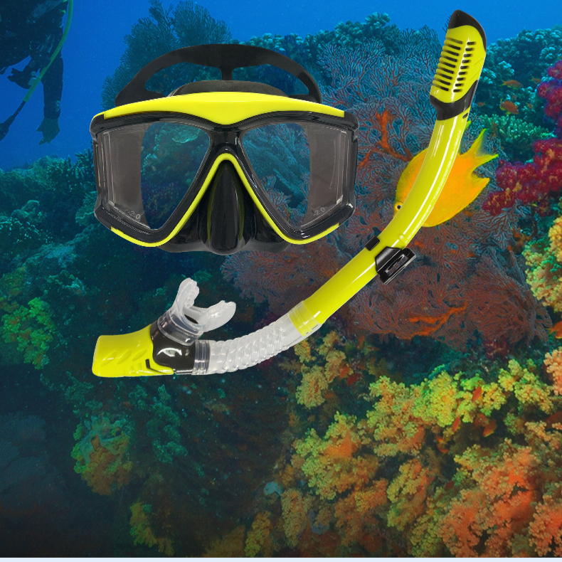 Toughened glass silicone face mask head snorkeg kit with swimming snorkel goggles_voghion.com
