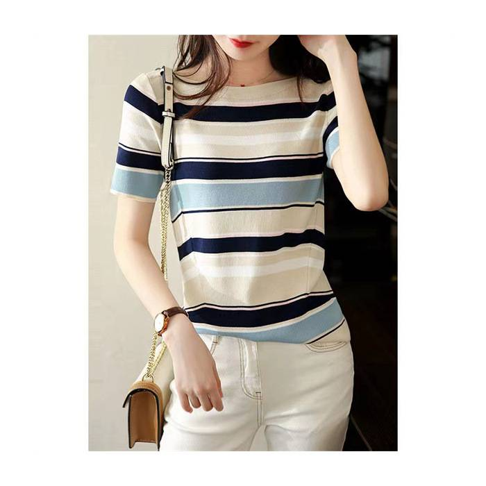X0149Short-sleeved Silk-knit Sweater With Loose Fit, Slimming Effect, Thin Style, Round-neck, Striped Base Layer T-shirt Top_voghion.com