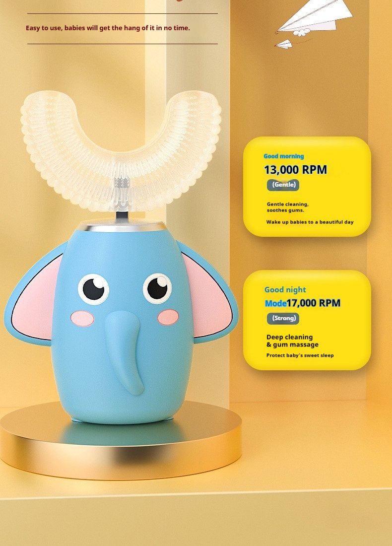 Cepillo de dientes eléctrico infantil en forma de U: 3 modos, limpieza de 360°, cerdas suaves de silicona, silencioso (36 dB), recargable, diseño de elefante (con pasta de dientes)_voghion.com