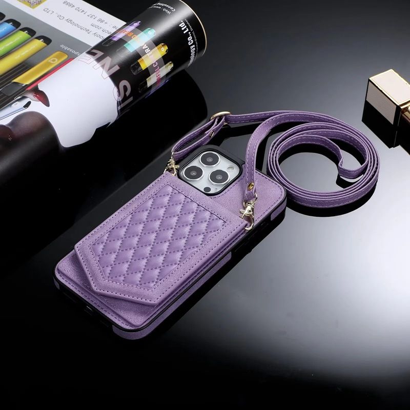 Funda de cuero con etiqueta lateral de espejo y pequeña fragancia para iPhone 15 Pro, 14 con cordón ajustable._voghion.com