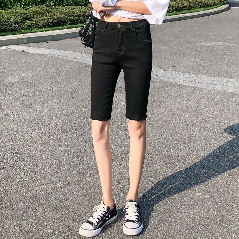 Xia 2024 Nuovi pantaloncini in denim sottile da donna a vita alta neri snellenti elastici attillati 5/4 pantaloni da ciclista_voghion.com