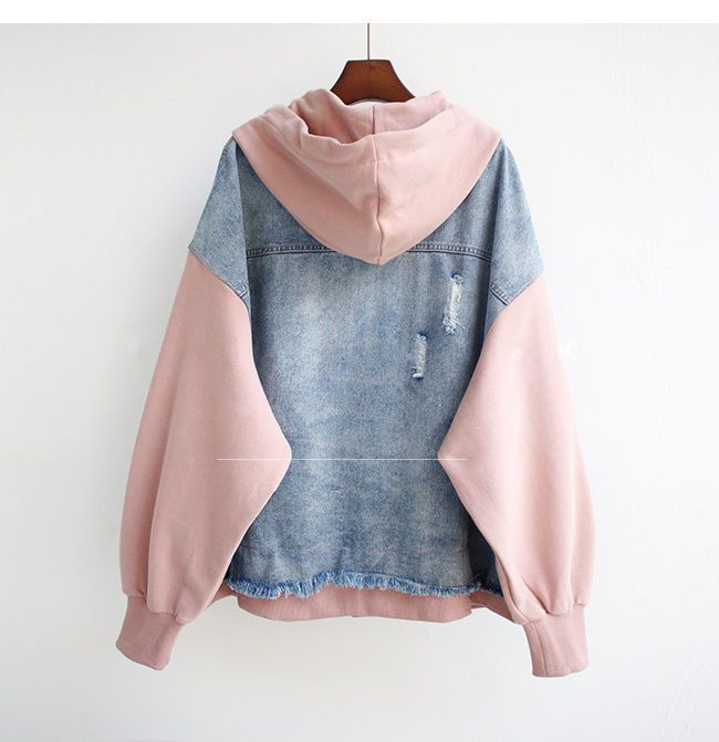 Plus Size Denim Jacket For Women – Oversized Hooded Baseball Style, Comfort Fit (L-4XL, Pink/White)_voghion.com