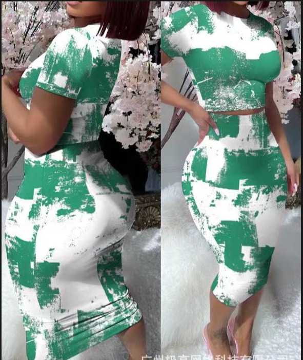 2025 Abito aderente con scollo tondo e maniche corte, top corto stampato, abbigliamento da donna_voghion.com