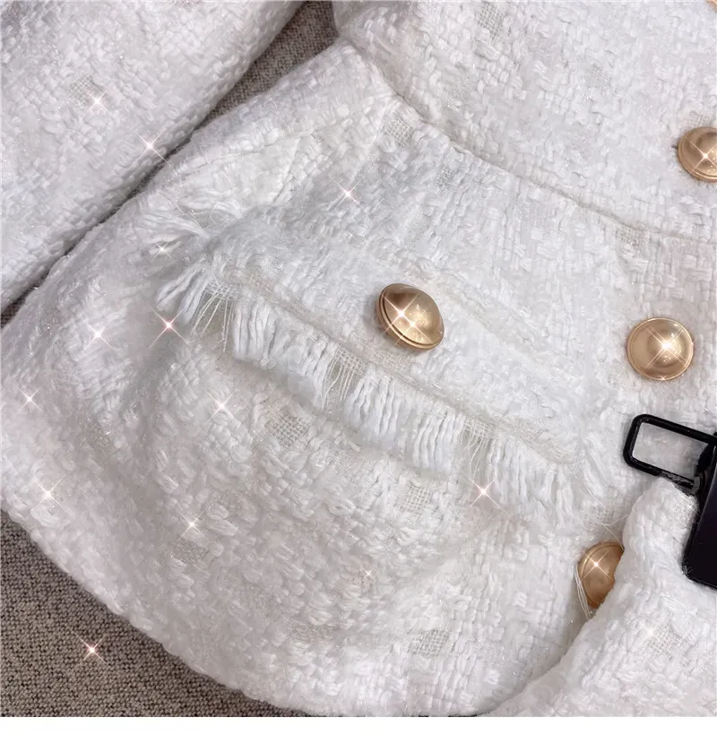 Pantaloni da donna in due pezzi, autunno e inverno, stile piccolo profumo, giacca da cappotto in lana grezza, lucida e bianca, pantaloncini_voghion.com