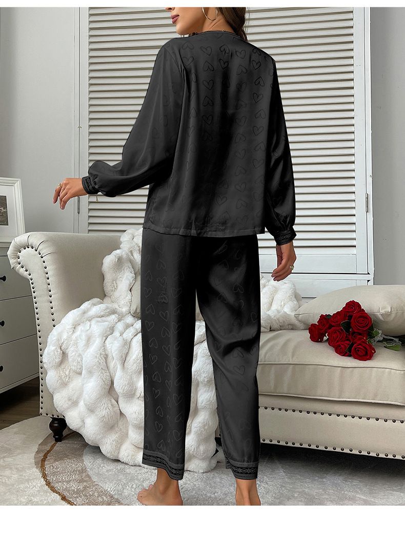 Damen Nachtwäsche Mode Langarm Pyjamas Sexy Hosenanzug Zweiteiliger bequemer Satin Love Jacquard Home Kleidung_voghion.com