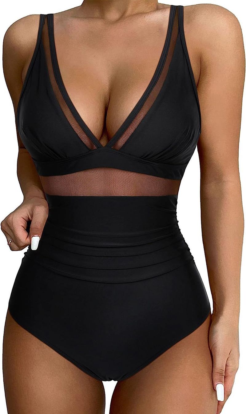 Sexy Cut-out Mesh Deep V Bikini Swimsuit_voghion.com