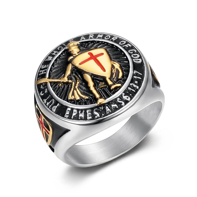 New Hip-Hop Men's Titanium Steel Gold-Plated Templar Red Cross Shield Ring_voghion.com