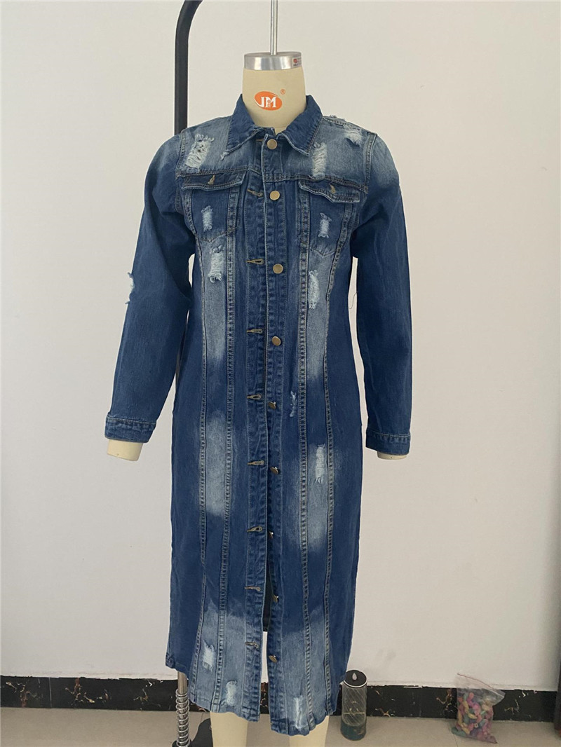 Chaquetas vaqueras rasgadas para mujer, chaqueta vaquera larga informal Vintage, abrigo de manga larga para invierno, ropa de calle 2021_voghion.com