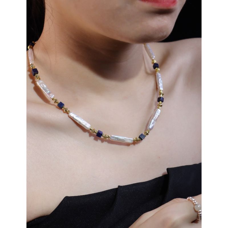 Natural Baroque Lapis Lazuli & Freshwater Pearl Beaded Necklace | Niche Design Light Luxury Clavicle Chain_voghion.com