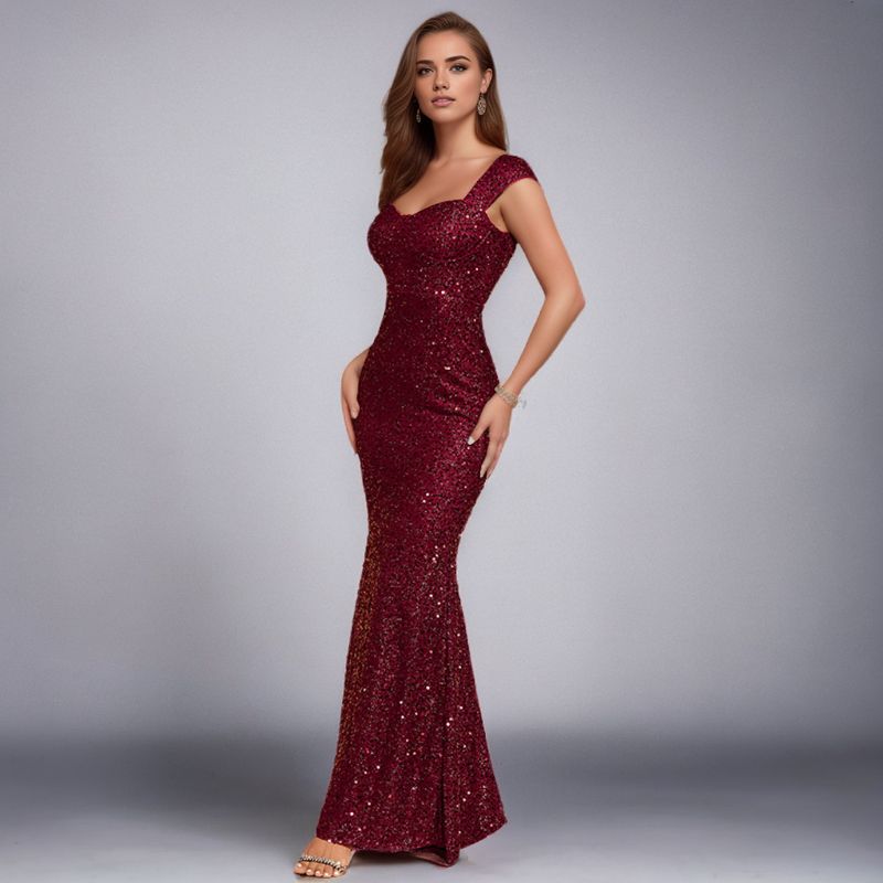 Comércio exterior oriental transfronteiriço INS cor sólida decote em V lantejoulas suspensório cintura alta vestido de noite saia rabo de peixe vestido de saia longa_voghion.com