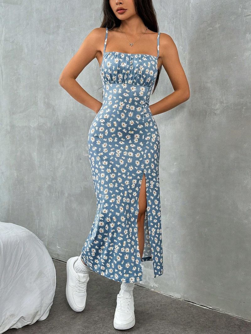 Women's 2025 Spring/Summer Strap Wrapped Chest High Slit Daisy Printed Dress_voghion.com