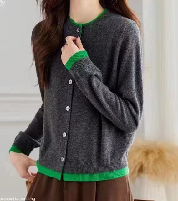 Cardigan lavorato a maglia con scollo rotondo Design Sense per donna 2024 primavera e autunno stile francese commercio estero color-block_voghion.com