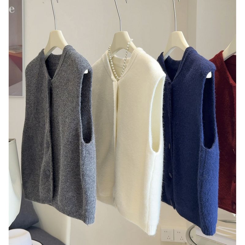 Single-Breasted Knitted Vest For Women, Autumn And Winter New Loose Slimming Soft Sweater, Layered Outerwear, Sleeveless_voghion.com