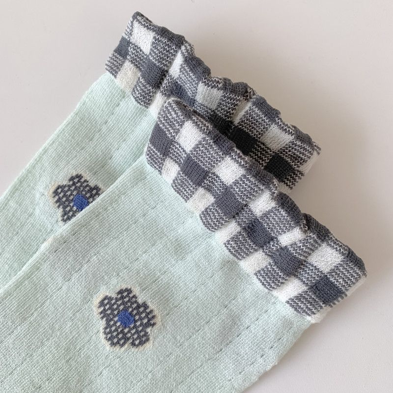 Meias femininas de verão novas de algodão estilo universitário, de seda de vidro, com bloqueio de cores, estilo coreano, com flores, até a panturrilha_voghion.com