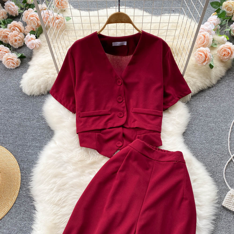 Camisola de verão feminina curta com decote em v camisa jaqueta cintura alta calças largas conjunto de três peças_voghion.com