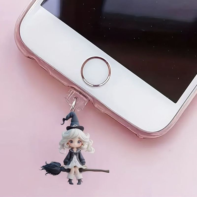 Nuovissimo tappo antipolvere per telefono in acrilico 2D con design a forma di piccola strega sognante in cristallo_voghion.com